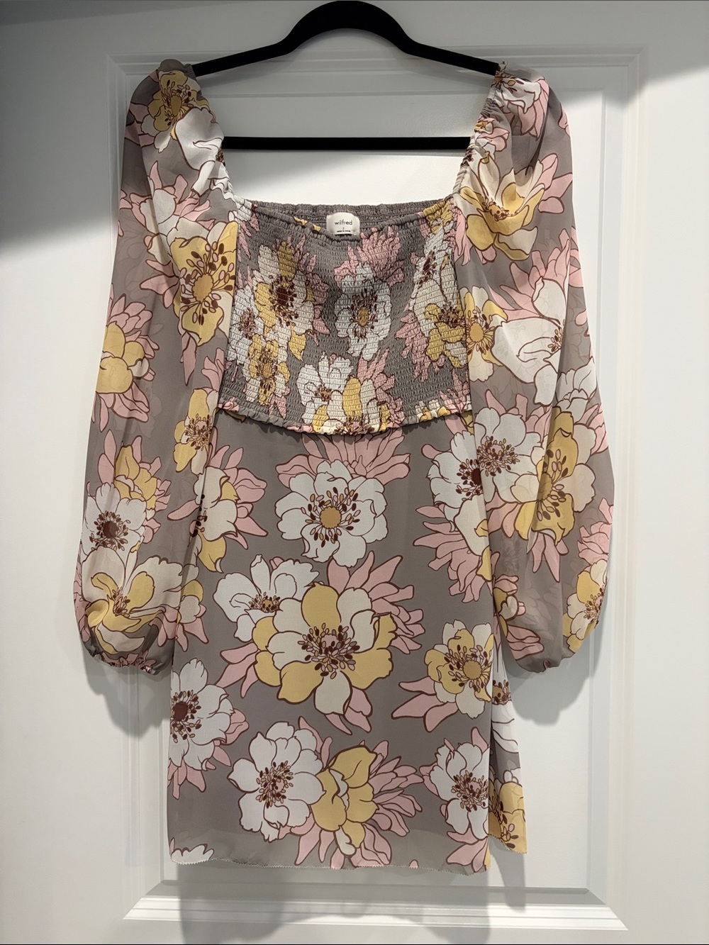 Wilfred Taupe Floral Smocked Square-Neck Tunic with Pink & Yellow Flowers
